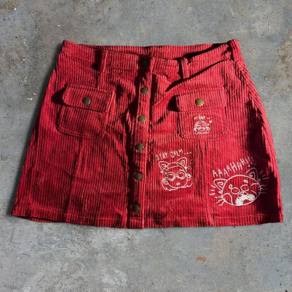 Disney Red Corduroy Cartoon Embroidered Button Front Mini Skirt Womens Size L